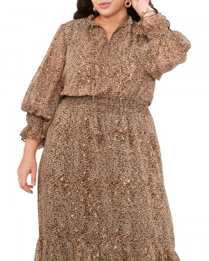 Dámské Maxi Šaty Vince Camuto Cheetah-Print Chiffon (Plus Size) Hnědé | 1467-XNRHP