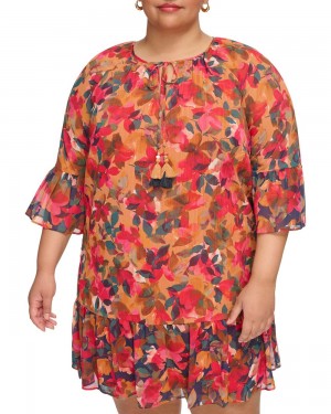 Dámské Maxi Šaty Vince Camuto Floral-Print Chiffon Ruffled(Plus Size) Červené | 3402-XEFHY