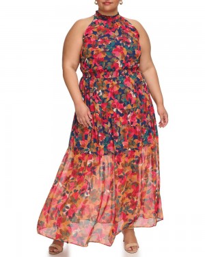 Dámské Maxi Šaty Vince Camuto Floral-Print Smocked (Plus Size) Tmavě Blankyt | 4192-OLQTC