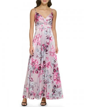 Dámské Maxi Šaty Vince Camuto Floral Print Satin Gown Fuchsie Růžové | 9683-BHFAJ