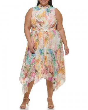 Dámské Midi Šaty Vince Camuto Floral-Print Handkerchief-Hem (Plus Size) Bílé | 3472-YOZEU