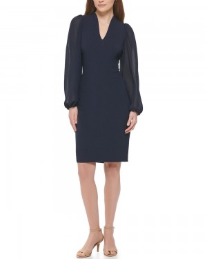 Dámské Mini Šaty Vince Camuto Chiffon-Sleeve Sheath Tmavě Blankyt | 3876-UHVOP