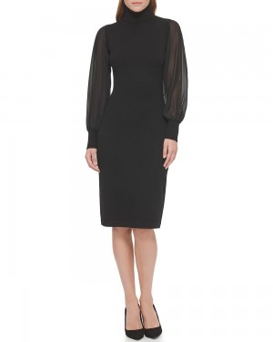 Dámské Mini Šaty Vince Camuto Chiffon-Sleeve Turtleneck Černé | 9168-AIJZR