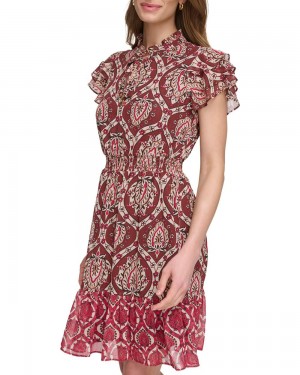 Dámské Mini Šaty Vince Camuto Printed Smocked Ruffled-Sleeve Červené Hnědé | 1789-YEZKS