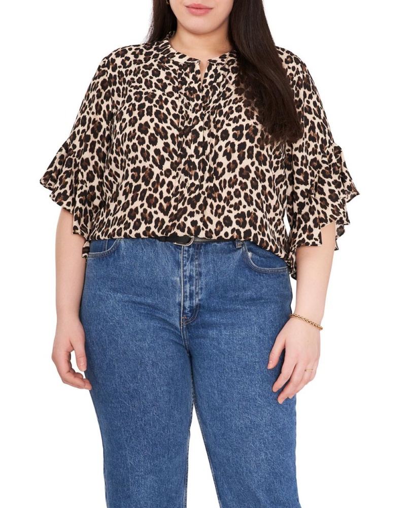 Dámské Halenka Vince Camuto Leopard-Print Ruffled-Sleeve (Plus Size) Černé Hnědé Leopard | 5720-RNXVO