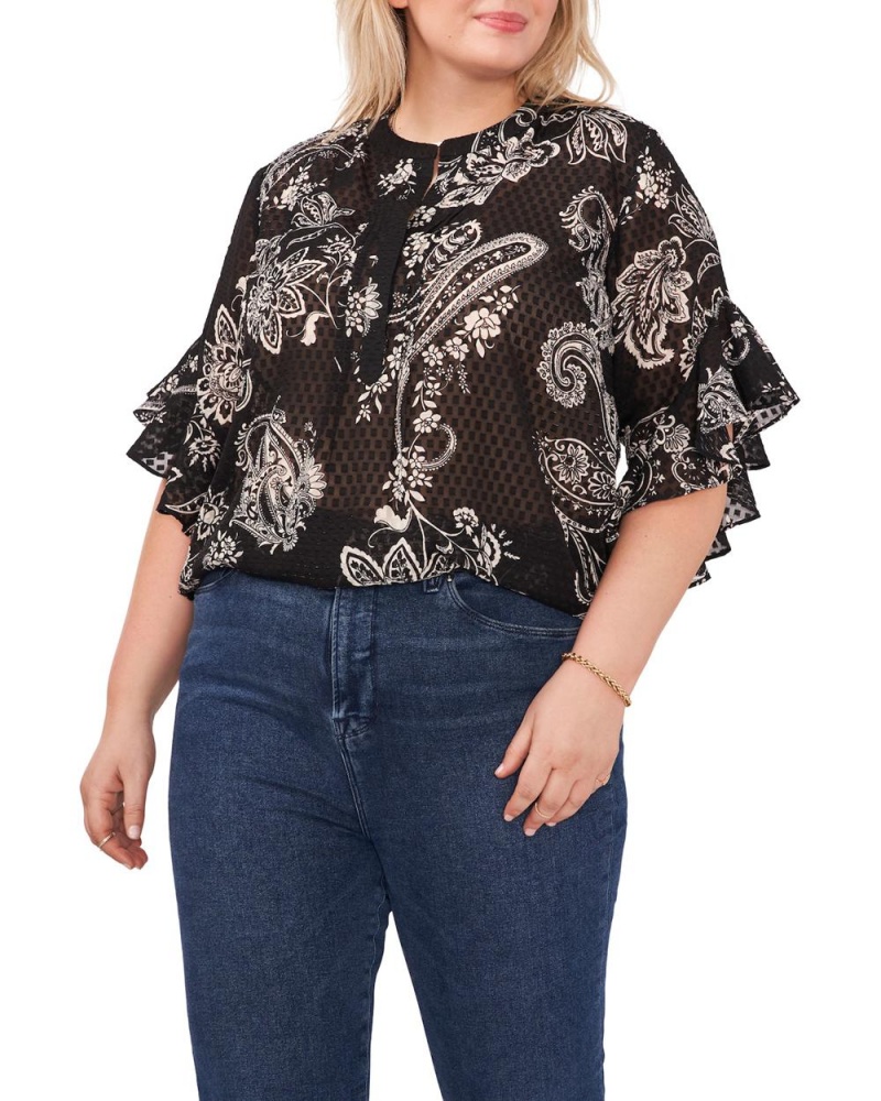 Dámské Halenka Vince Camuto Paisley-Print Ruffled-Sleeve (Plus Size) Černé | 2106-HIAEM