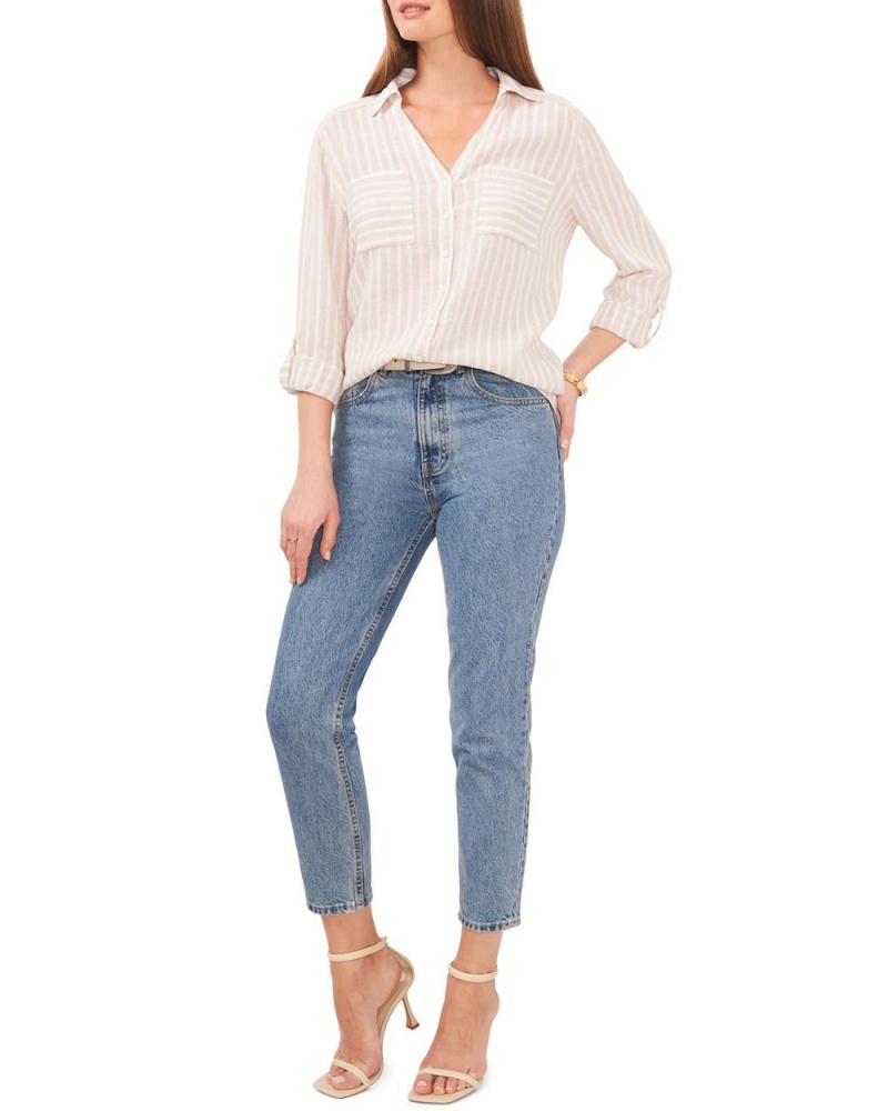 Dámské Košile Vince Camuto Pruhovaný V-Neck Button-Down Shirt Hnědožlutý | 4281-SAHQO