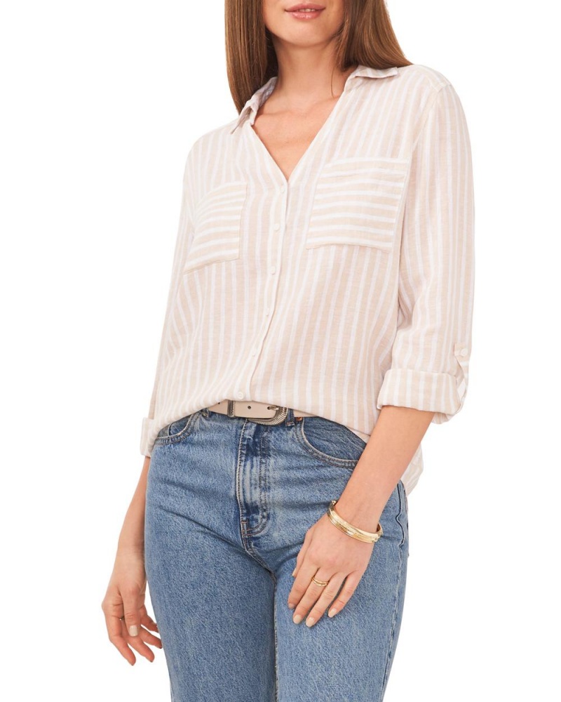 Dámské Košile Vince Camuto Pruhovaný V-Neck Button-Down Shirt Hnědožlutý | 4281-SAHQO