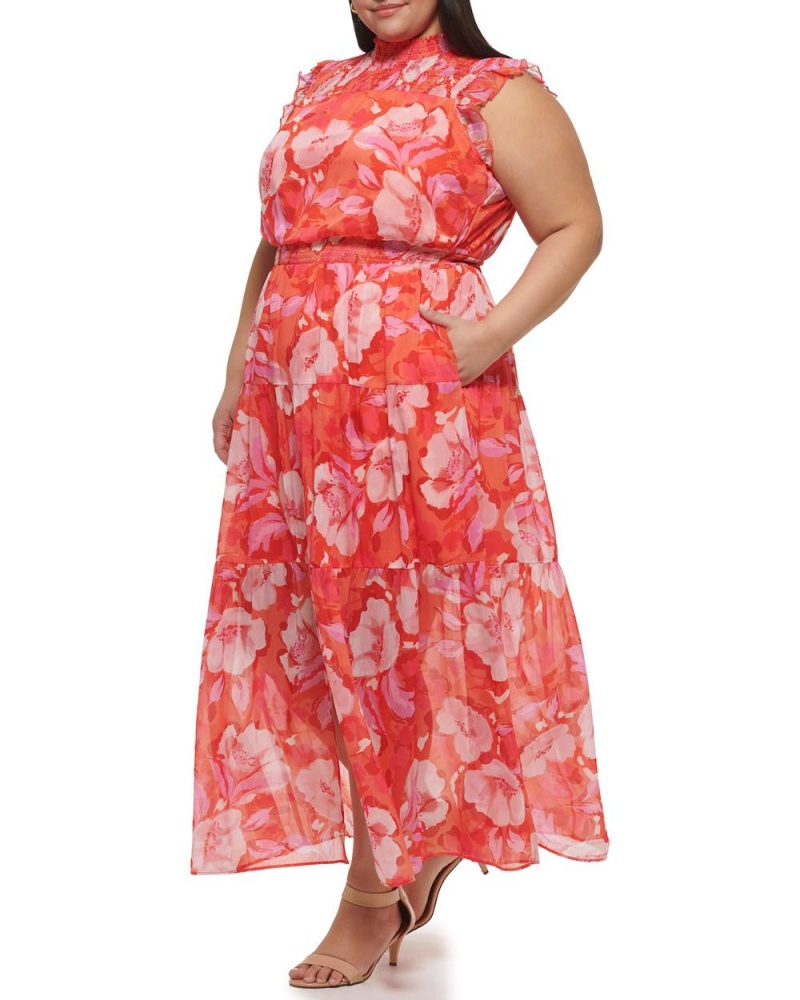 Dámské Maxi Šaty Vince Camuto Floral-Print Smocked (Plus Size) Červené | 1460-MFHIN