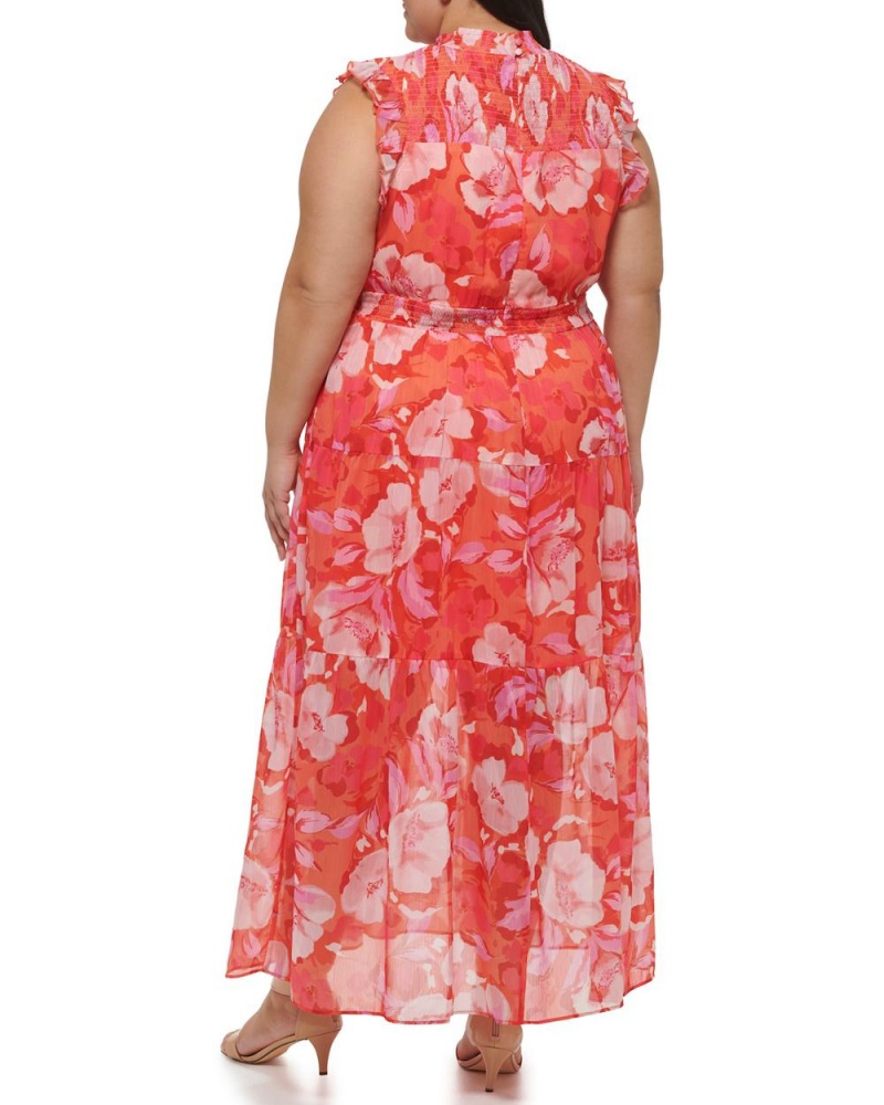 Dámské Maxi Šaty Vince Camuto Floral-Print Smocked (Plus Size) Červené | 1460-MFHIN