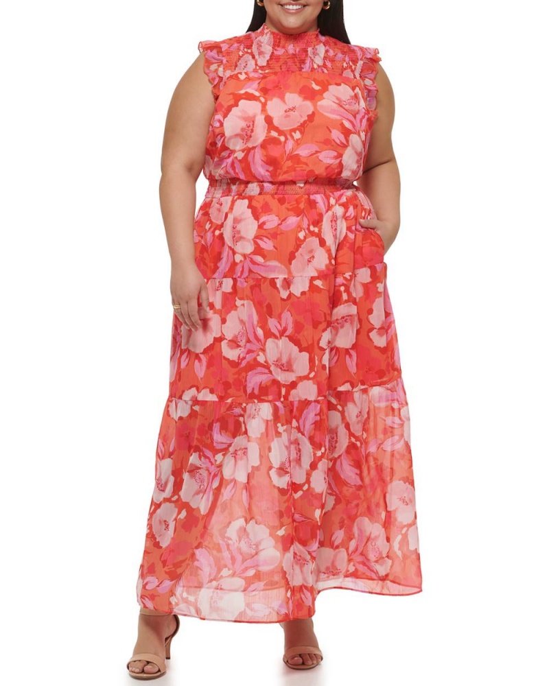 Dámské Maxi Šaty Vince Camuto Floral-Print Smocked (Plus Size) Červené | 1460-MFHIN