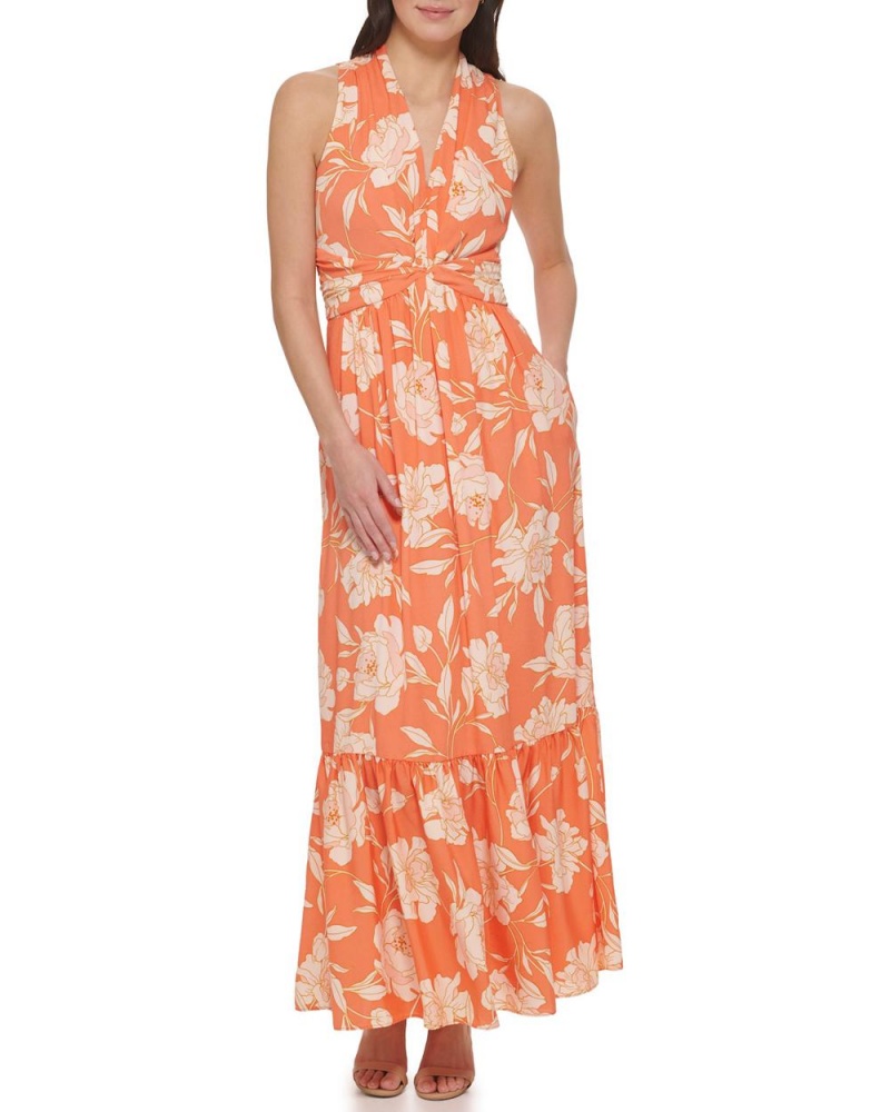 Dámské Maxi Šaty Vince Camuto Floral-Print Twist-Front Oranžové | 1364-JNZRT