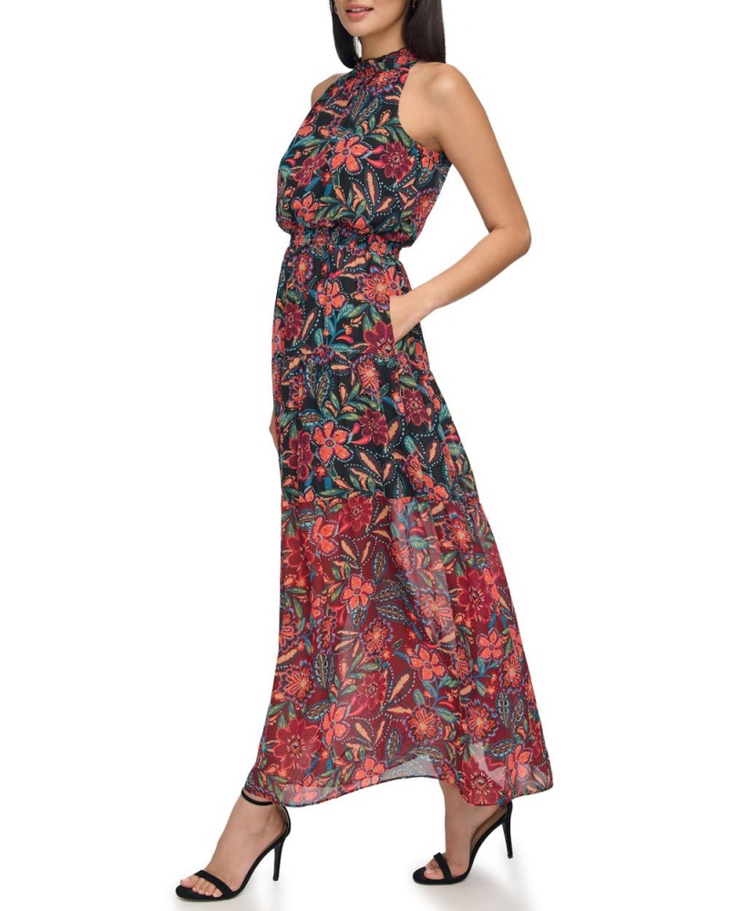 Dámské Maxi Šaty Vince Camuto Floral Print Chiffon Černé | 5973-GMZNW