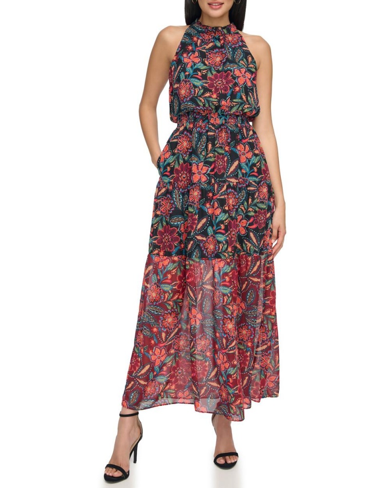 Dámské Maxi Šaty Vince Camuto Floral Print Chiffon Černé | 5973-GMZNW