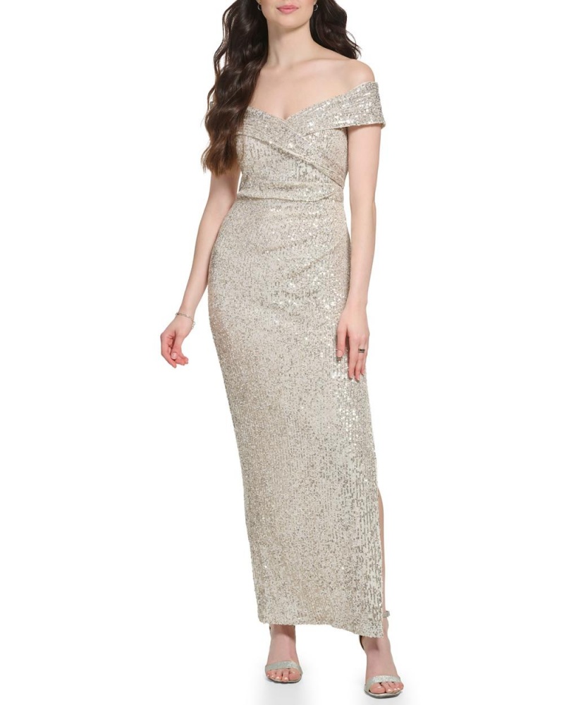 Dámské Maxi Šaty Vince Camuto Sequined Off-The-Shoulder Gown Stříbrné | 6905-EYAGQ