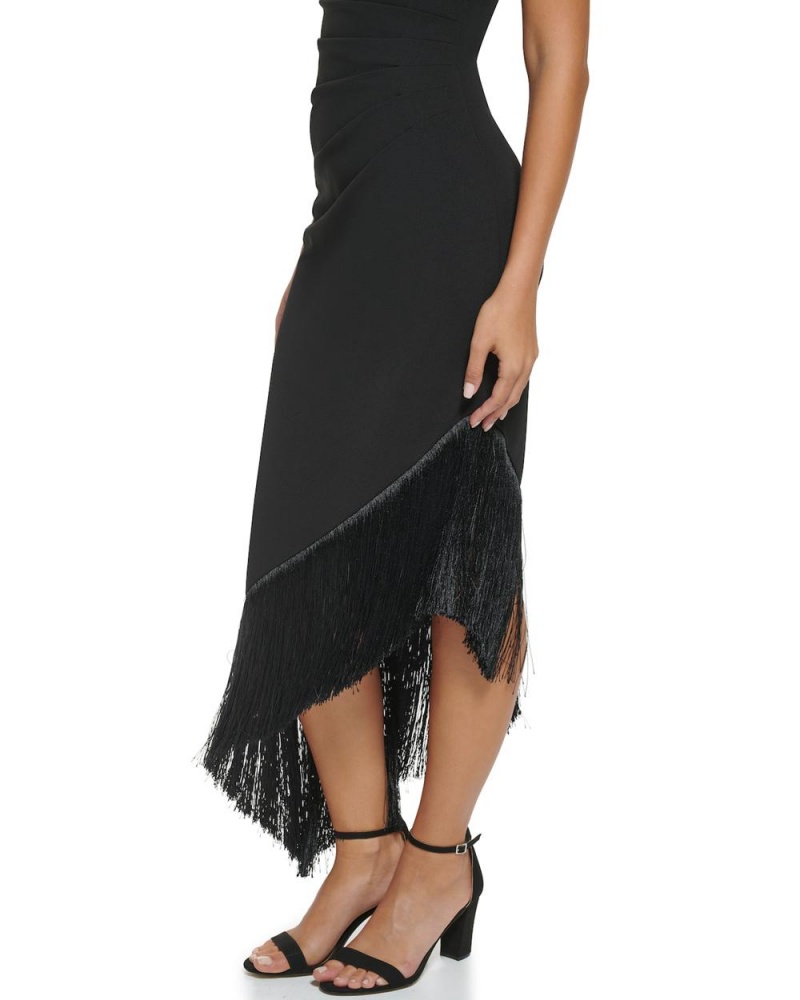 Dámské Midi Šaty Vince Camuto Asymmetrical Fringe-Hem Černé | 1478-VDXGJ