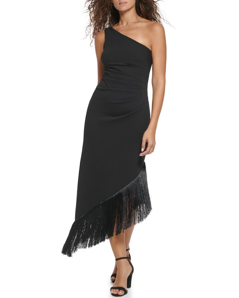 Dámské Midi Šaty Vince Camuto Asymmetrical Fringe-Hem Černé | 1478-VDXGJ