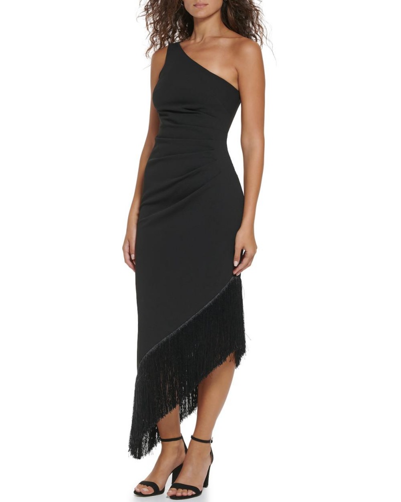 Dámské Midi Šaty Vince Camuto Asymmetrical Fringe-Hem Černé | 1478-VDXGJ