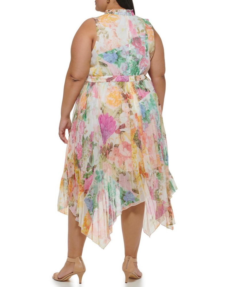 Dámské Midi Šaty Vince Camuto Floral-Print Handkerchief-Hem (Plus Size) Bílé | 3472-YOZEU