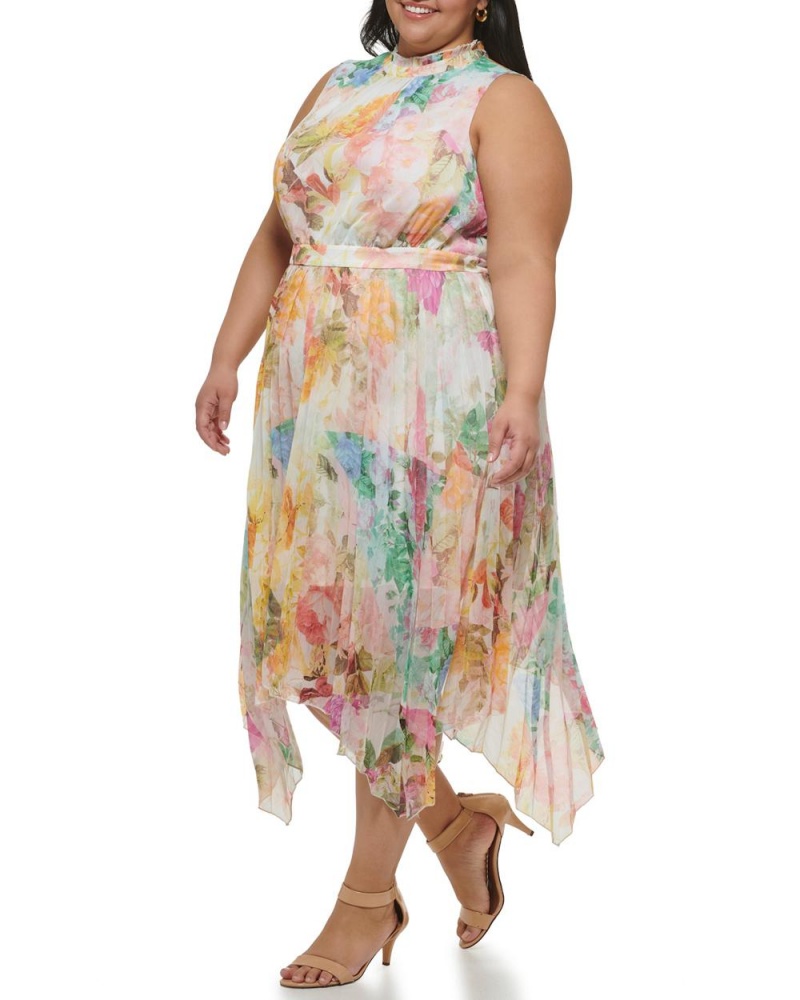 Dámské Midi Šaty Vince Camuto Floral-Print Handkerchief-Hem (Plus Size) Bílé | 3472-YOZEU