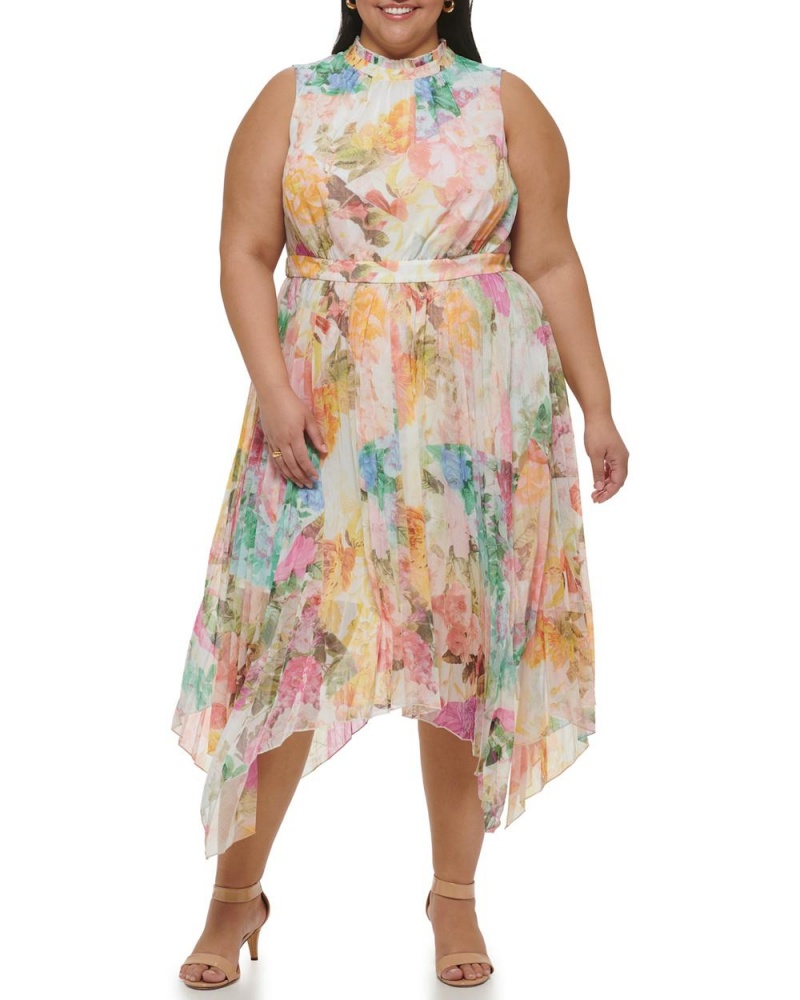 Dámské Midi Šaty Vince Camuto Floral-Print Handkerchief-Hem (Plus Size) Bílé | 3472-YOZEU