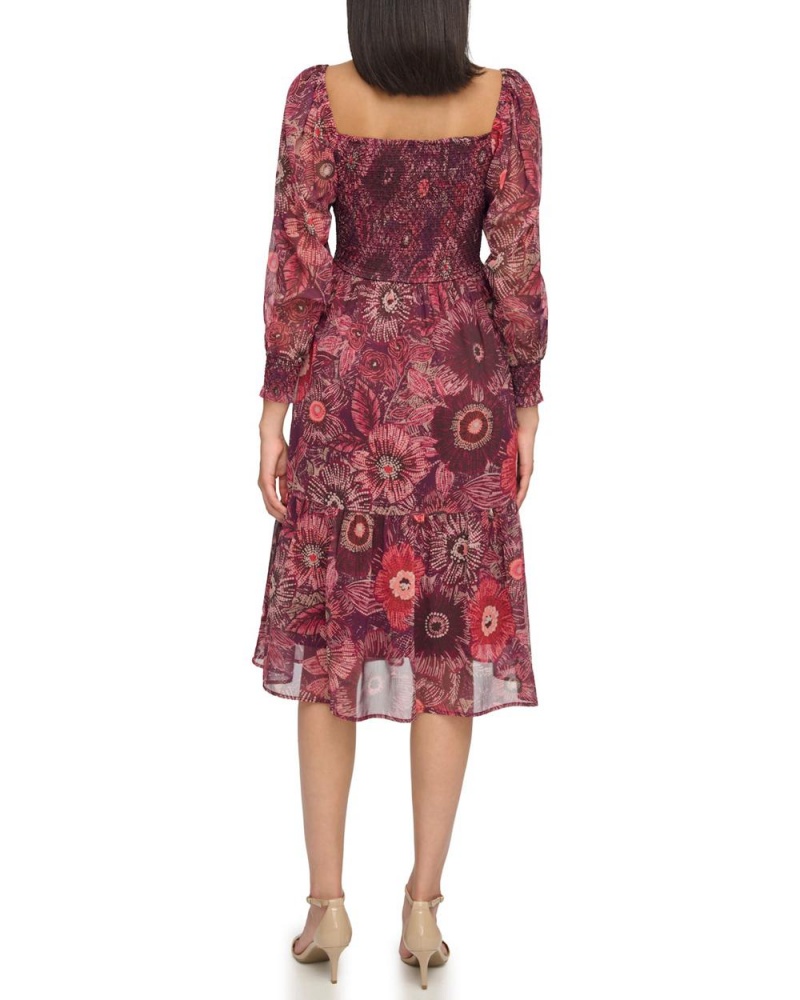 Dámské Midi Šaty Vince Camuto Floral-Print Smocked Červené | 4361-RUAXJ