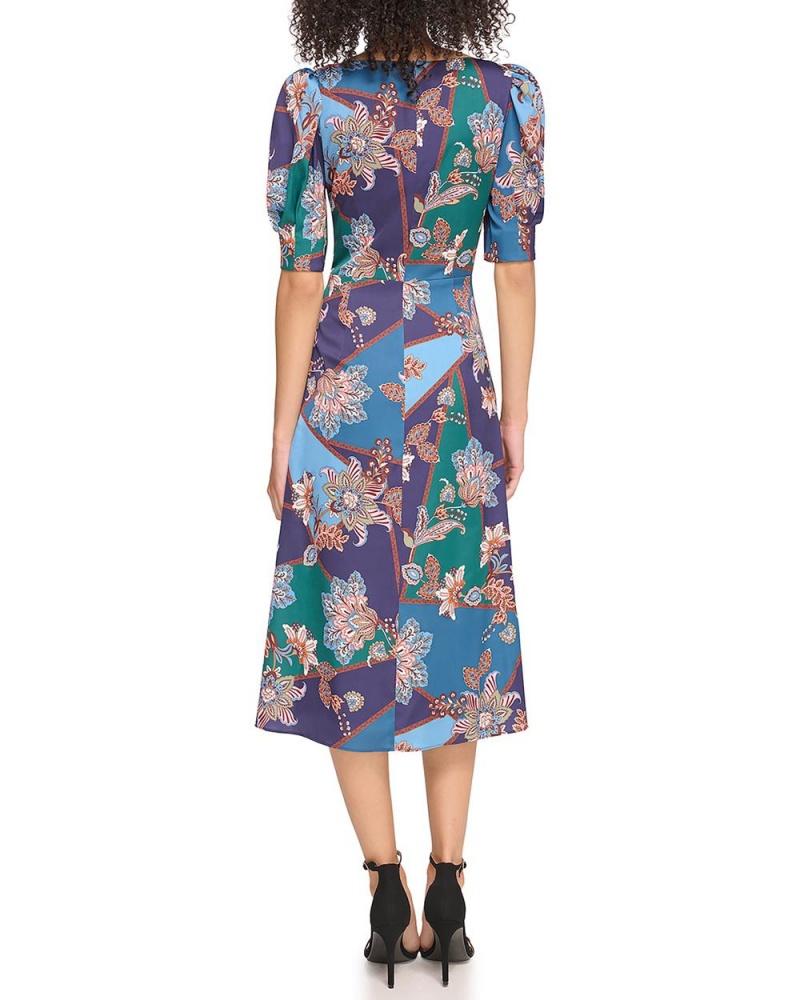 Dámské Midi Šaty Vince Camuto Floral-Print Twist-Front Tmavě Blankyt | 4315-USQDV