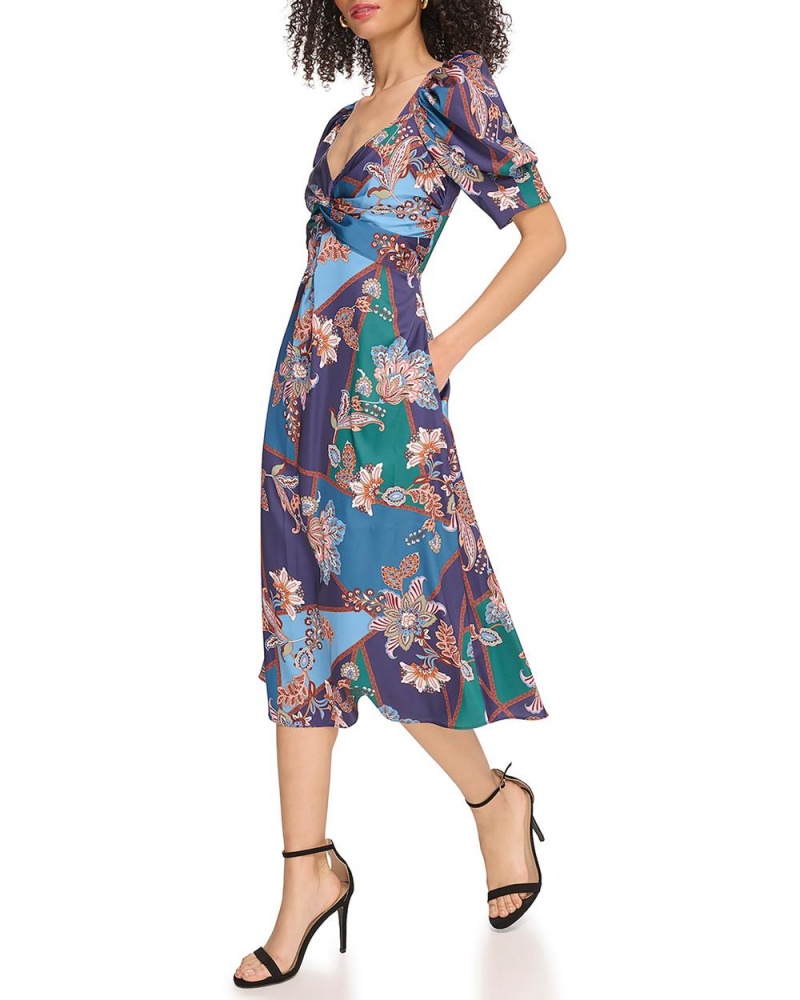 Dámské Midi Šaty Vince Camuto Floral-Print Twist-Front Tmavě Blankyt | 4315-USQDV