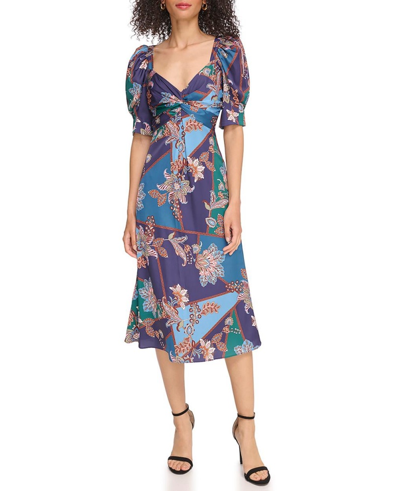 Dámské Midi Šaty Vince Camuto Floral-Print Twist-Front Tmavě Blankyt | 4315-USQDV