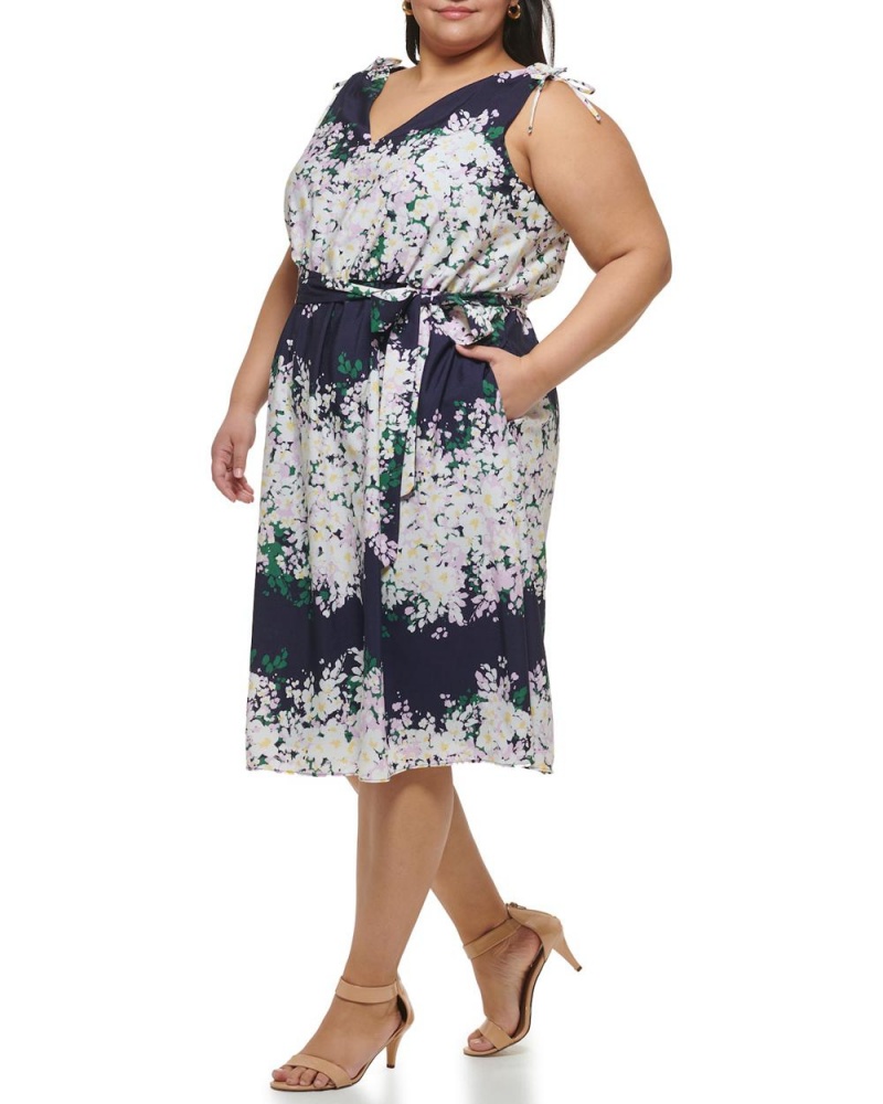 Dámské Midi Šaty Vince Camuto Floral-Print V-Neck (Plus Size) Blankyt | 4786-EXBYG