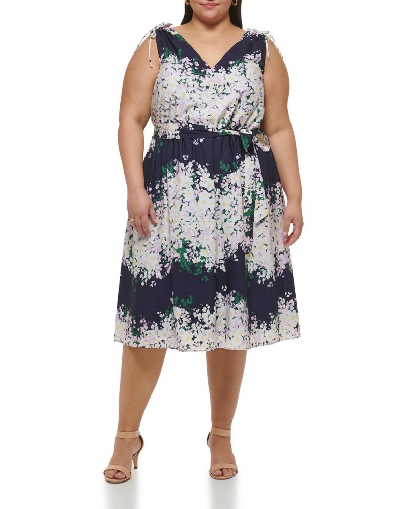 Dámské Midi Šaty Vince Camuto Floral-Print V-Neck (Plus Size) Blankyt | 4786-EXBYG