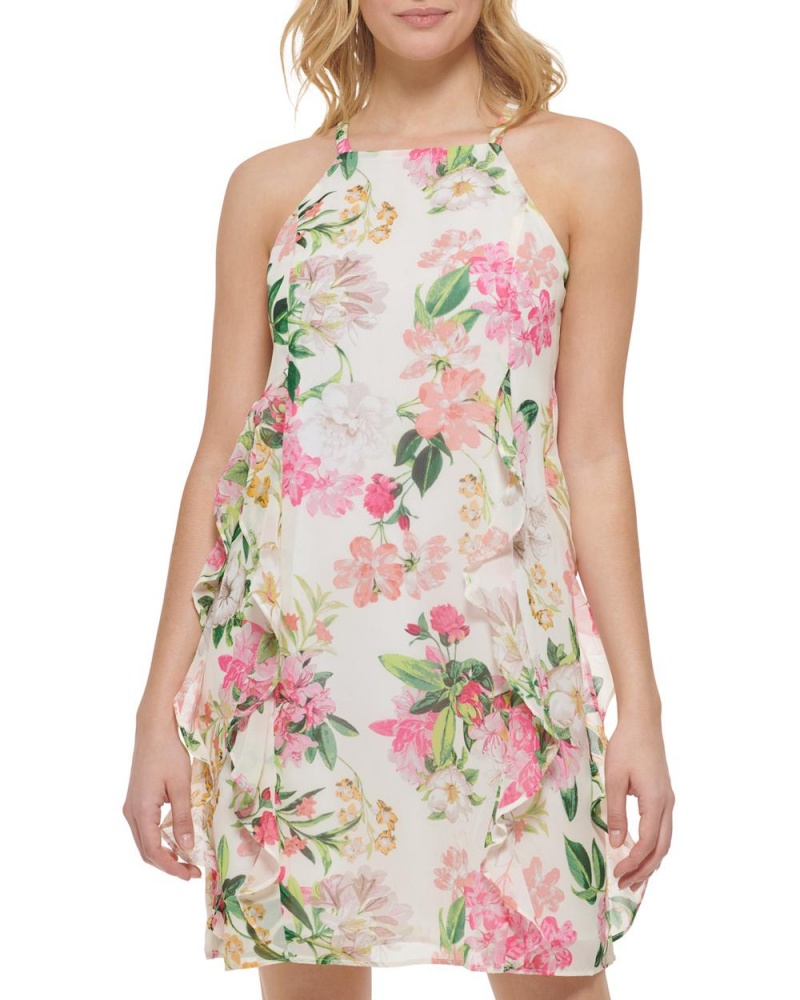 Dámské Mini Šaty Vince Camuto Floral-Print Chiffon Ruffled (Petite) Bílé | 2905-MXCFW