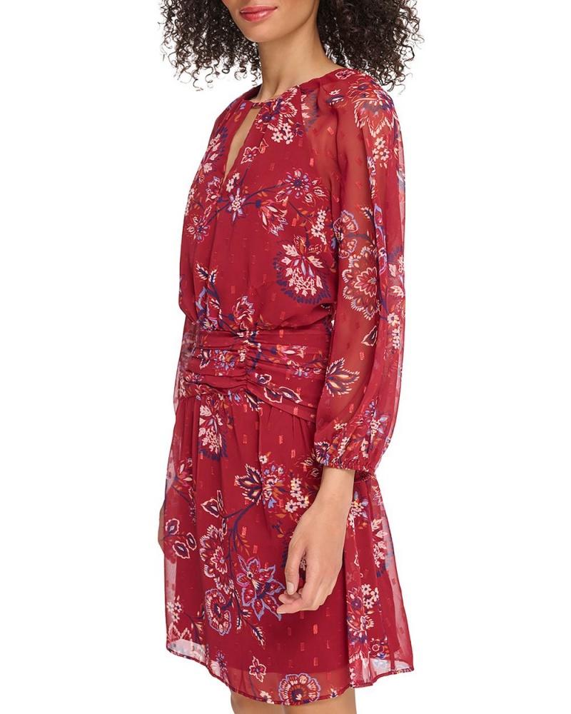 Dámské Mini Šaty Vince Camuto Floral-Print Chiffon Banded-Pasem Červené | 2197-EXSMP