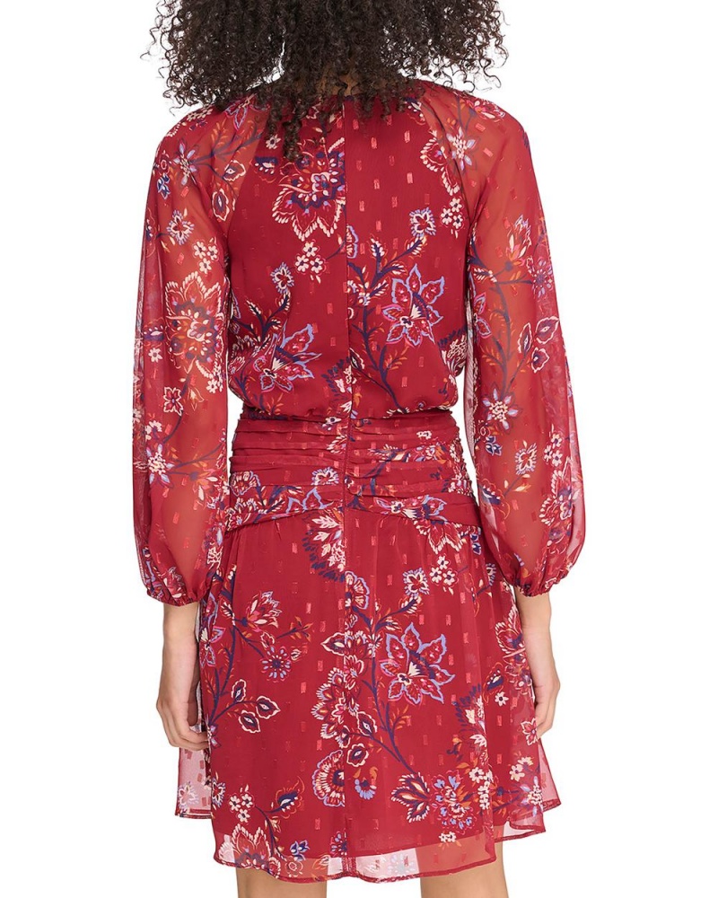 Dámské Mini Šaty Vince Camuto Floral-Print Chiffon Banded-Pasem Červené | 2197-EXSMP