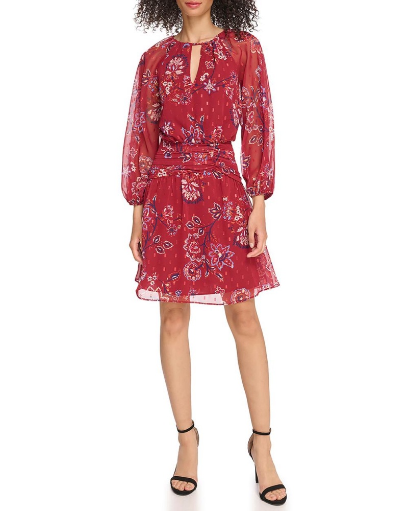 Dámské Mini Šaty Vince Camuto Floral-Print Chiffon Banded-Pasem Červené | 2197-EXSMP