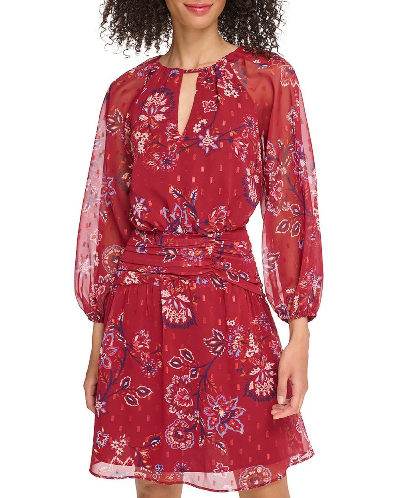 Dámské Mini Šaty Vince Camuto Floral-Print Chiffon Banded-Pasem Červené | 2197-EXSMP