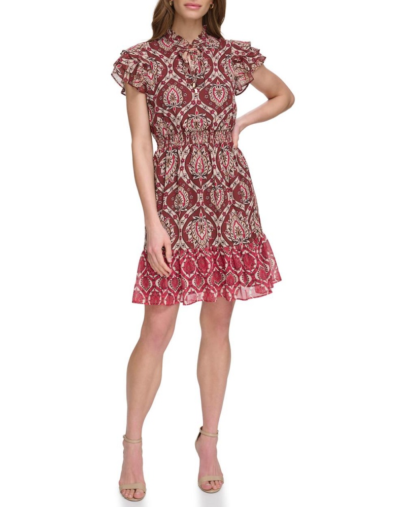 Dámské Mini Šaty Vince Camuto Printed Smocked Ruffled-Sleeve Červené Hnědé | 1789-YEZKS