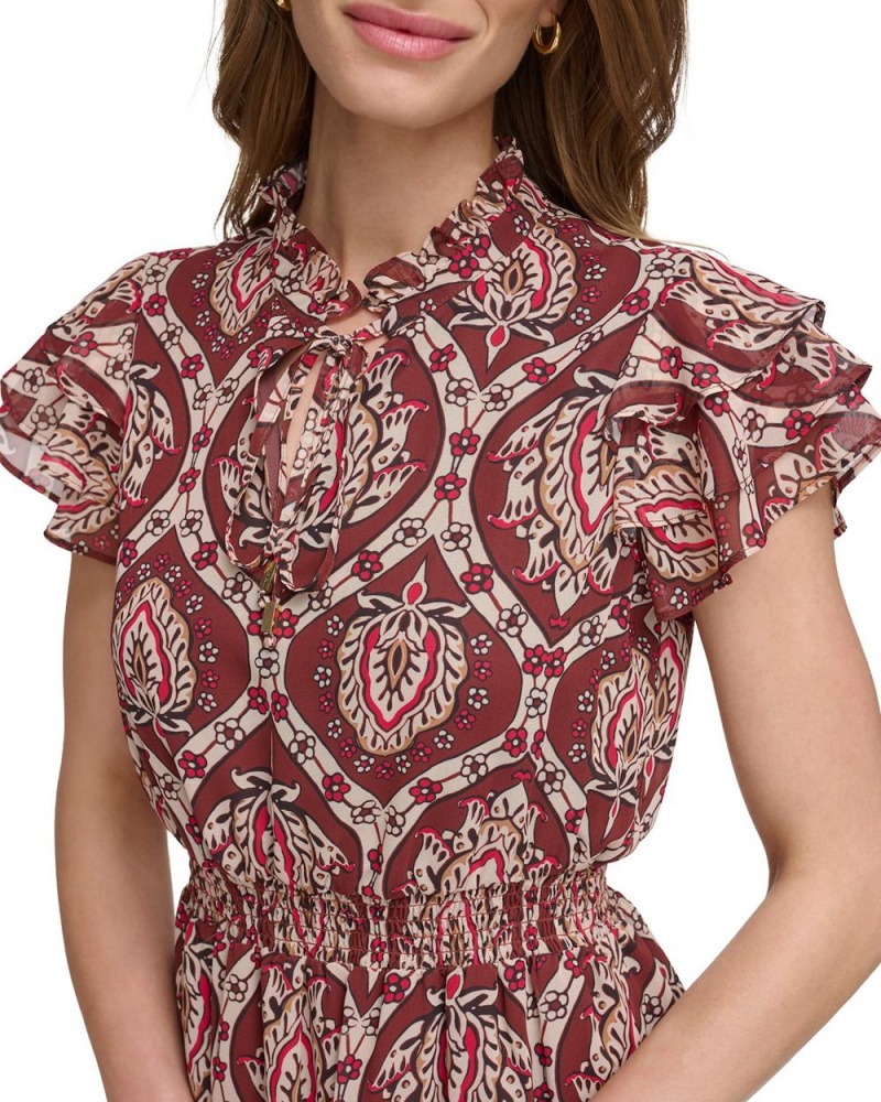 Dámské Mini Šaty Vince Camuto Printed Smocked Ruffled-Sleeve Červené Hnědé | 1789-YEZKS