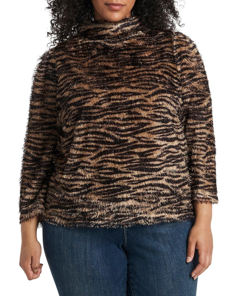 Dámské Topy Vince Camuto Zebra-Print Eyelash (Plus Size) Černé | 4850-UZDBI