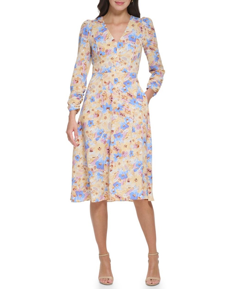 Dámské Šaty Vince Camuto Floral-Print Cutout Blankyt | 0783-MOXIQ